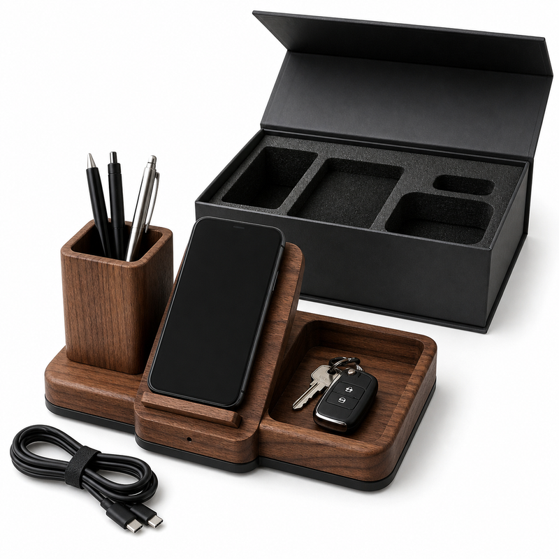 Solid Wood Wireless Charging Desk Organizer
