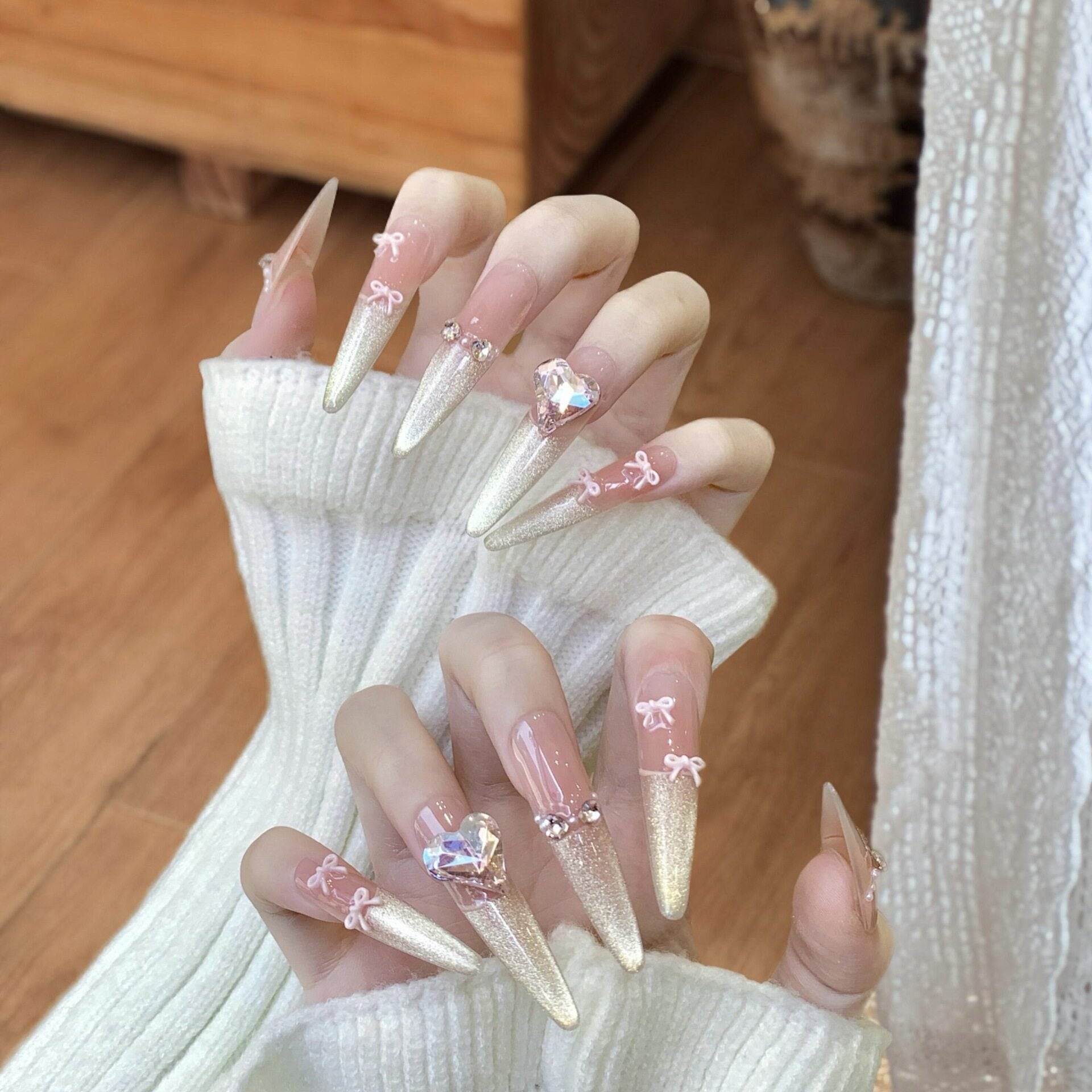 Hand-applied Short French Nail Tips with Rhinestones