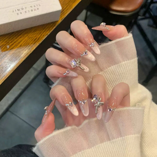Hand-applied Short French Nail Tips with Rhinestones