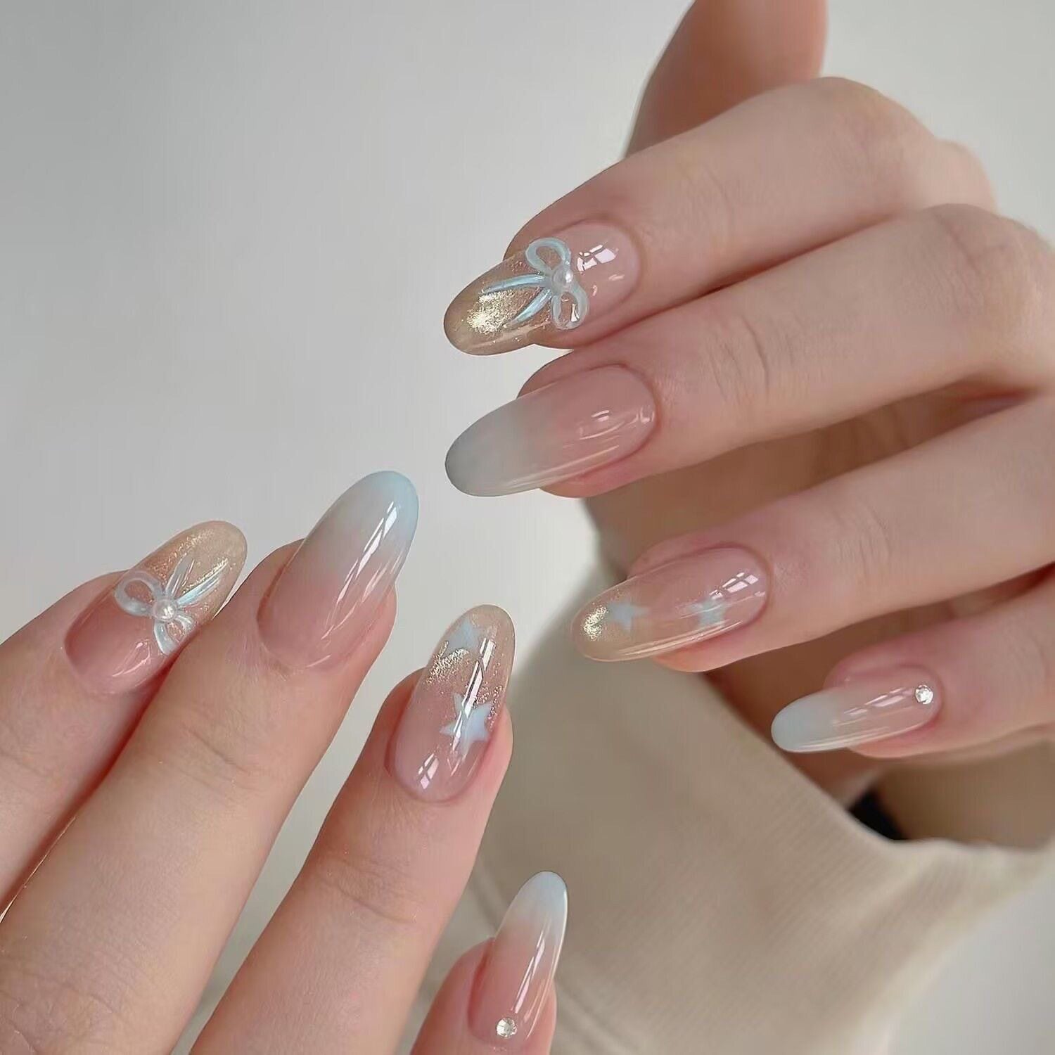 Hand-applied Short French Nail Tips with Rhinestones