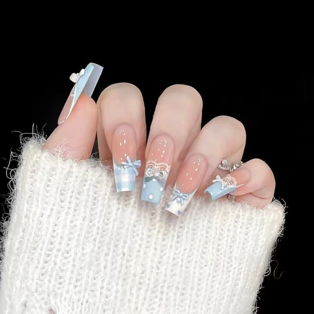 Hand-applied Short French Nail Tips with Rhinestones