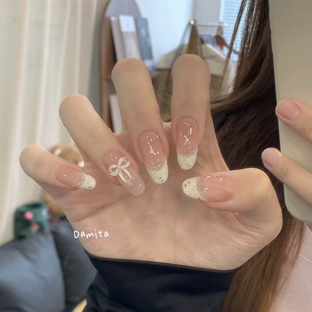 Hand-applied Short French Nail Tips with Rhinestones
